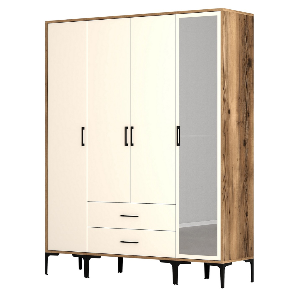 Kumsal Wooden Wardrobe with 1 Mirror Door 2 Drawers in Cream and Walnut