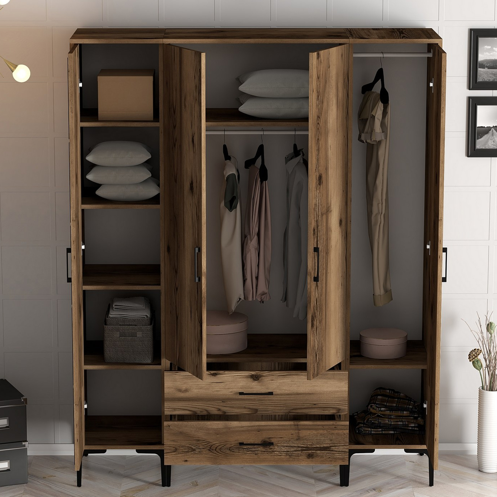 Kumsal Wooden Wardrobe with 1 Mirror Door 2 Drawers in Walnut