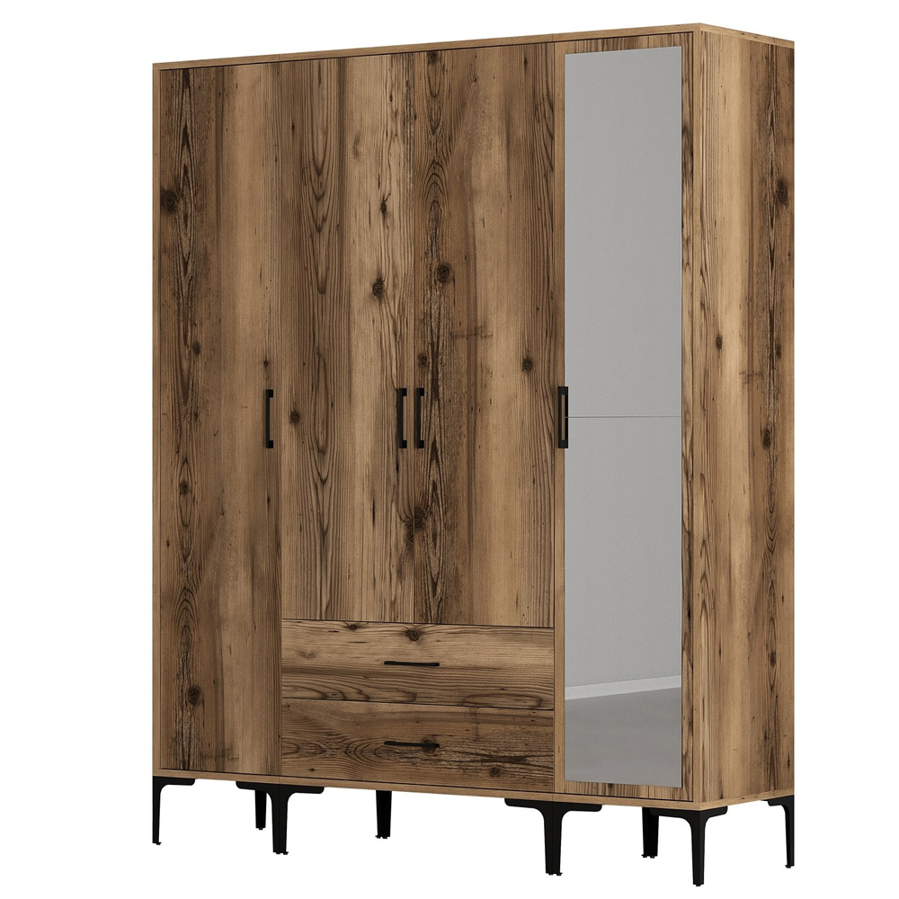 Kumsal Wooden Wardrobe with 1 Mirror Door 2 Drawers in Walnut