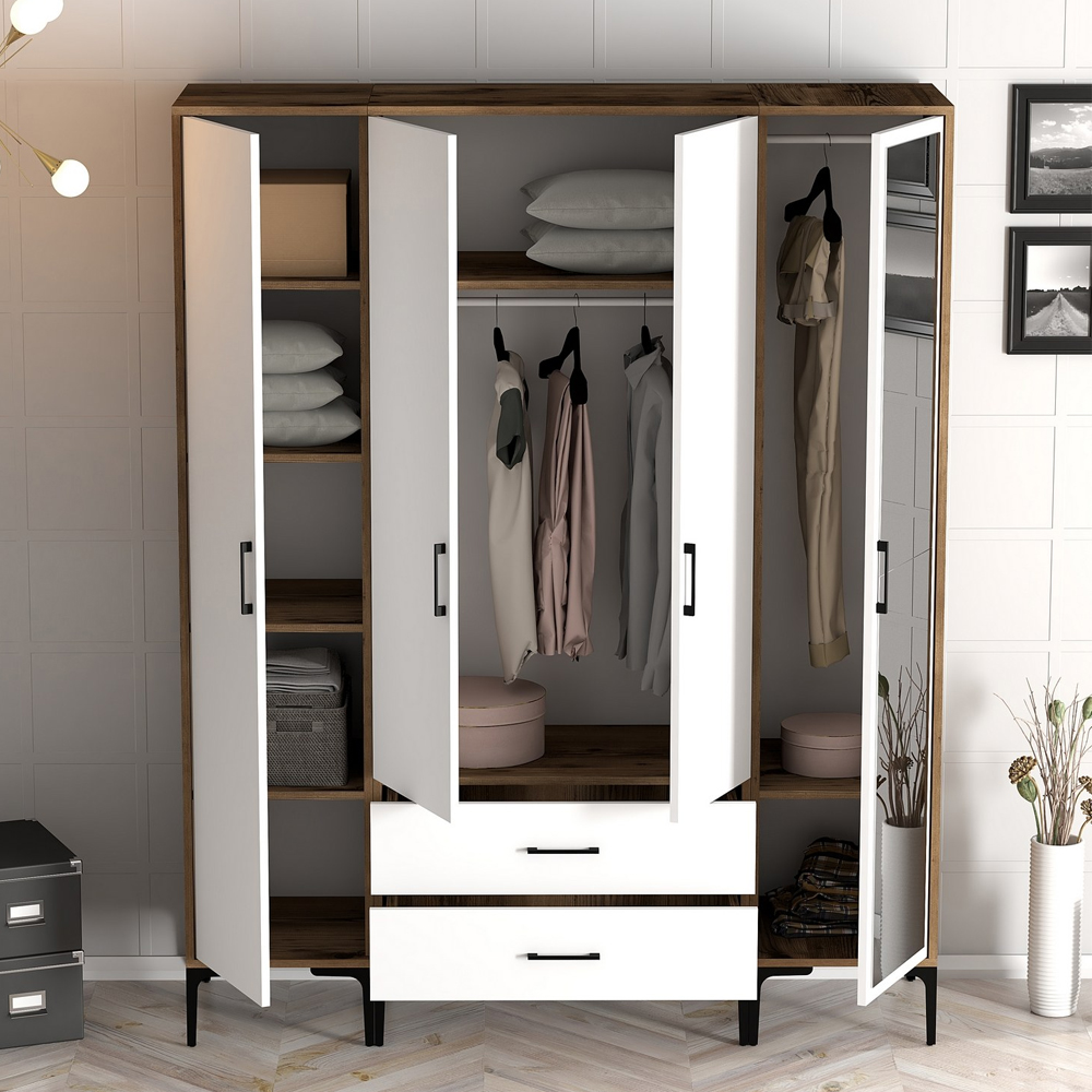Kumsal Wooden Wardrobe with 1 Mirror Door 2 Drawers in White and Walnut