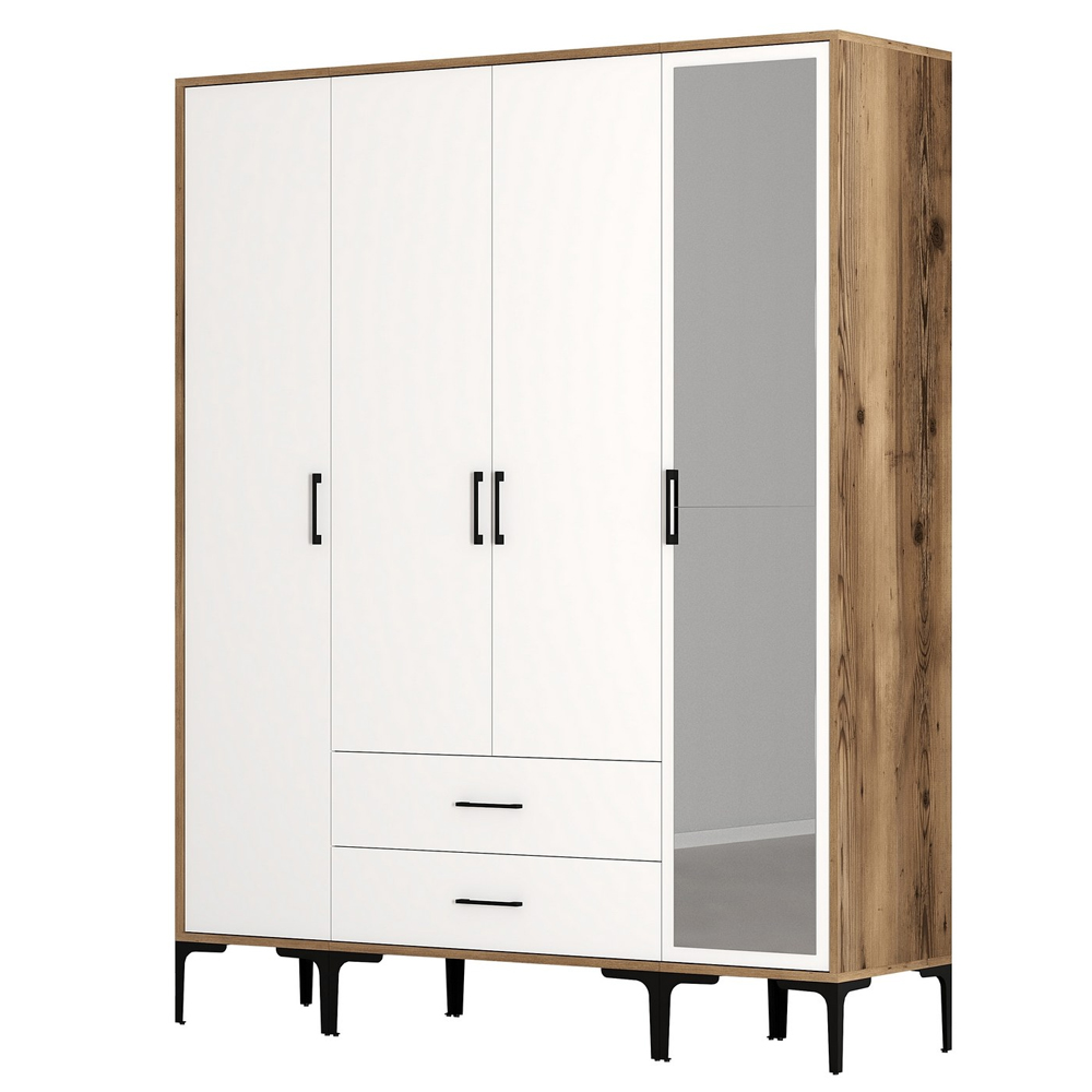 Kumsal Wooden Wardrobe with 1 Mirror Door 2 Drawers in White and Walnut
