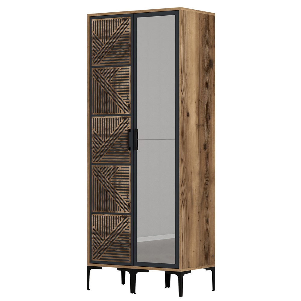 Kumsal Wooden Wardrobe with 1 Right Mirror Door in Anthracite and Walnut