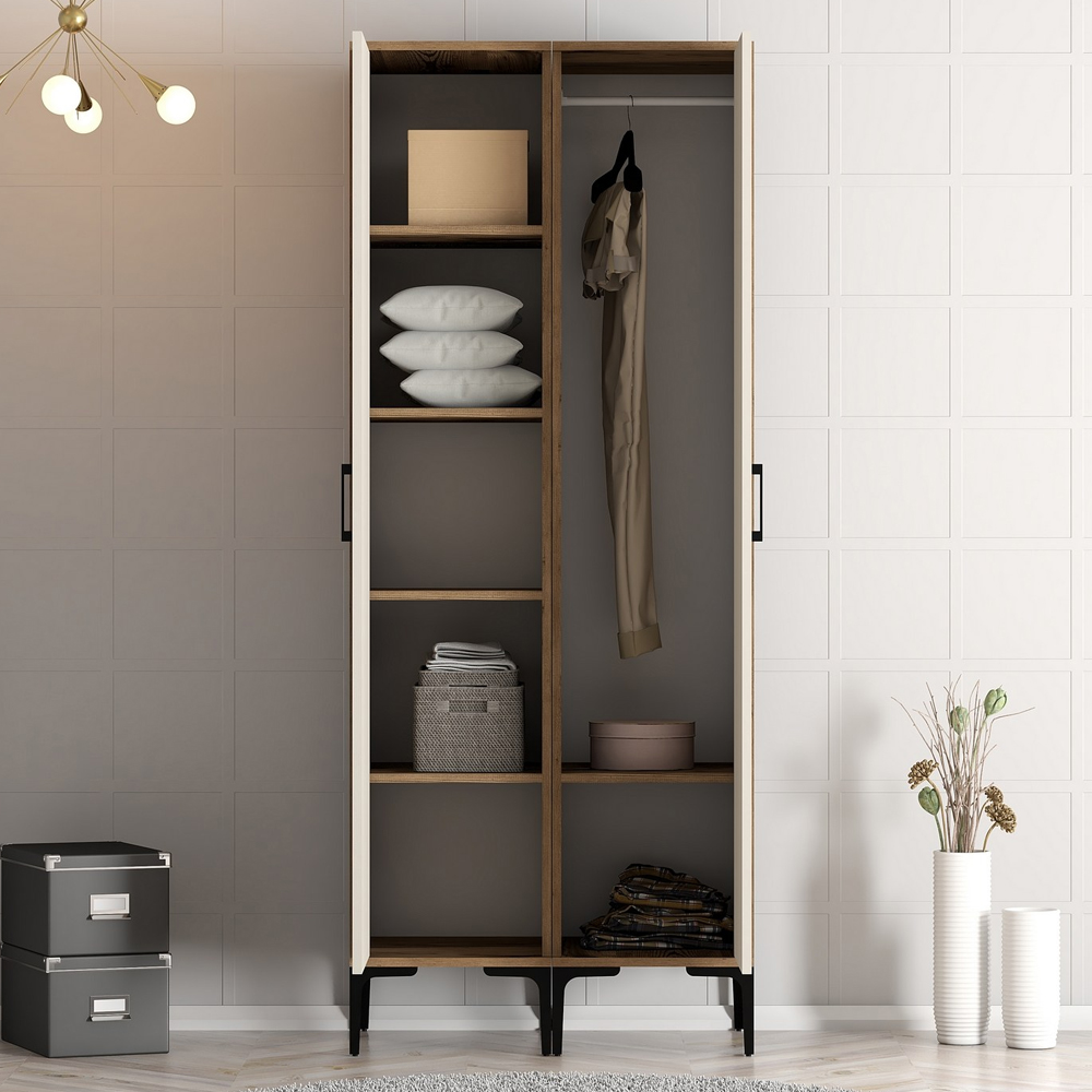 Kumsal Wooden Wardrobe with 1 Right Mirror Door in Cream and Walnut