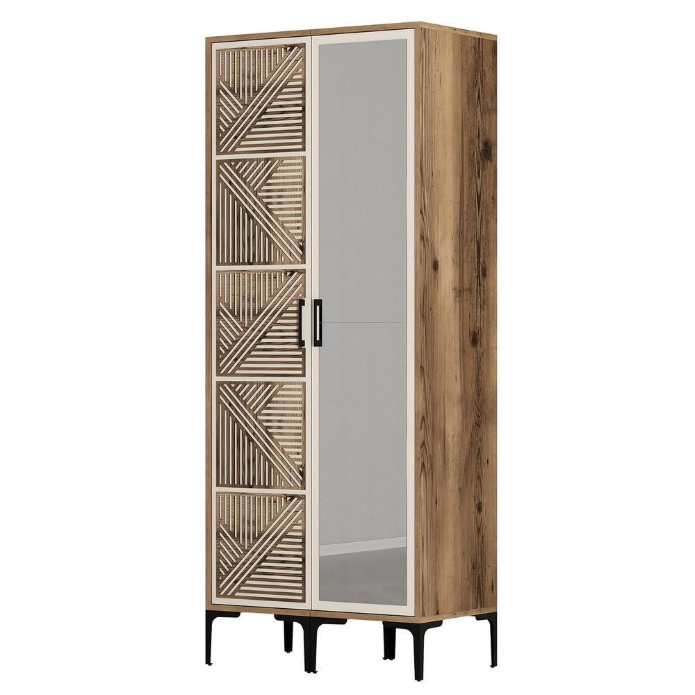 Kumsal Wooden Wardrobe with 1 Right Mirror Door in Cream and Walnut