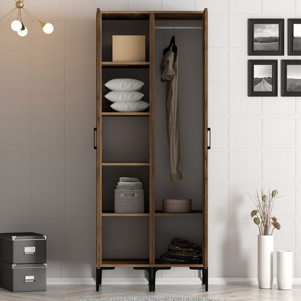 Kumsal Wooden Wardrobe with 1 Right Mirror Door in Walnut