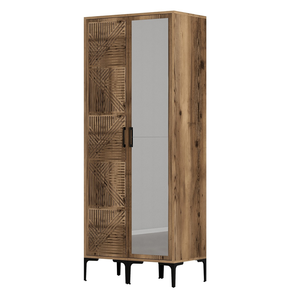 Kumsal Wooden Wardrobe with 1 Right Mirror Door in Walnut