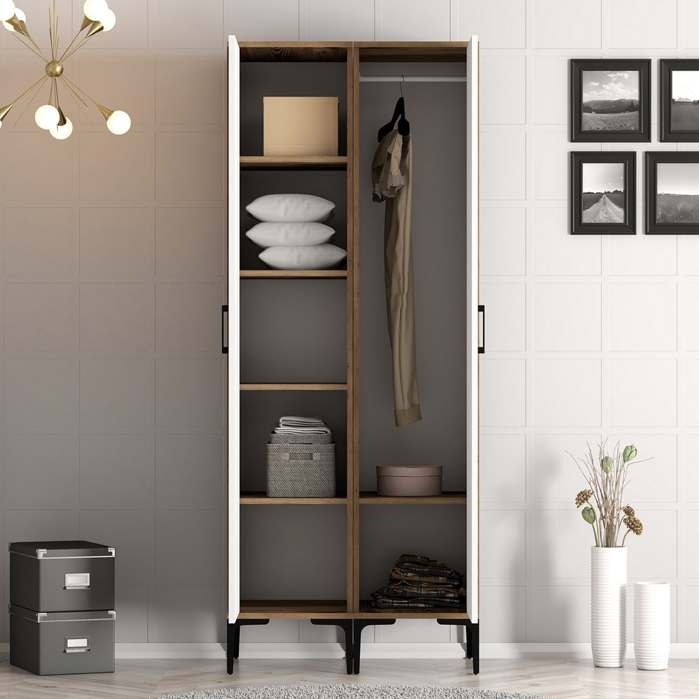 Kumsal Wooden Wardrobe with 1 Right Mirror Door in White and Walnut