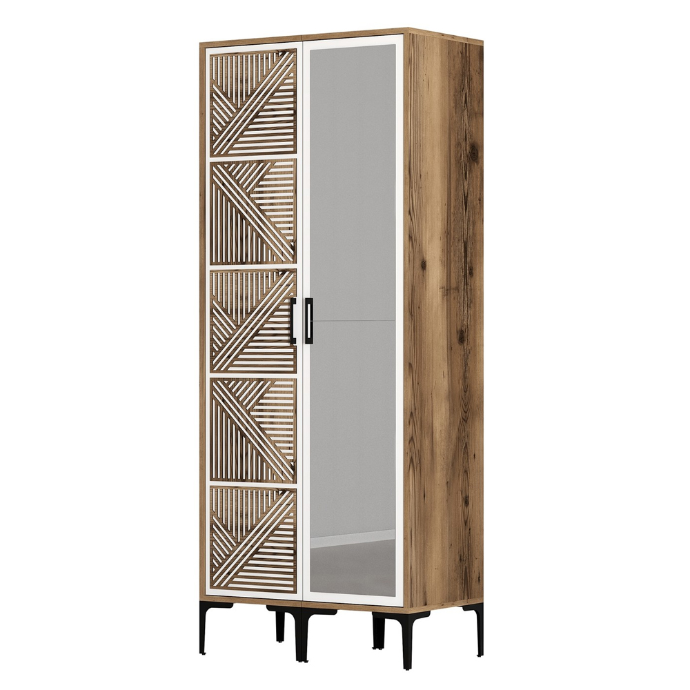 Kumsal Wooden Wardrobe with 1 Right Mirror Door in White and Walnut