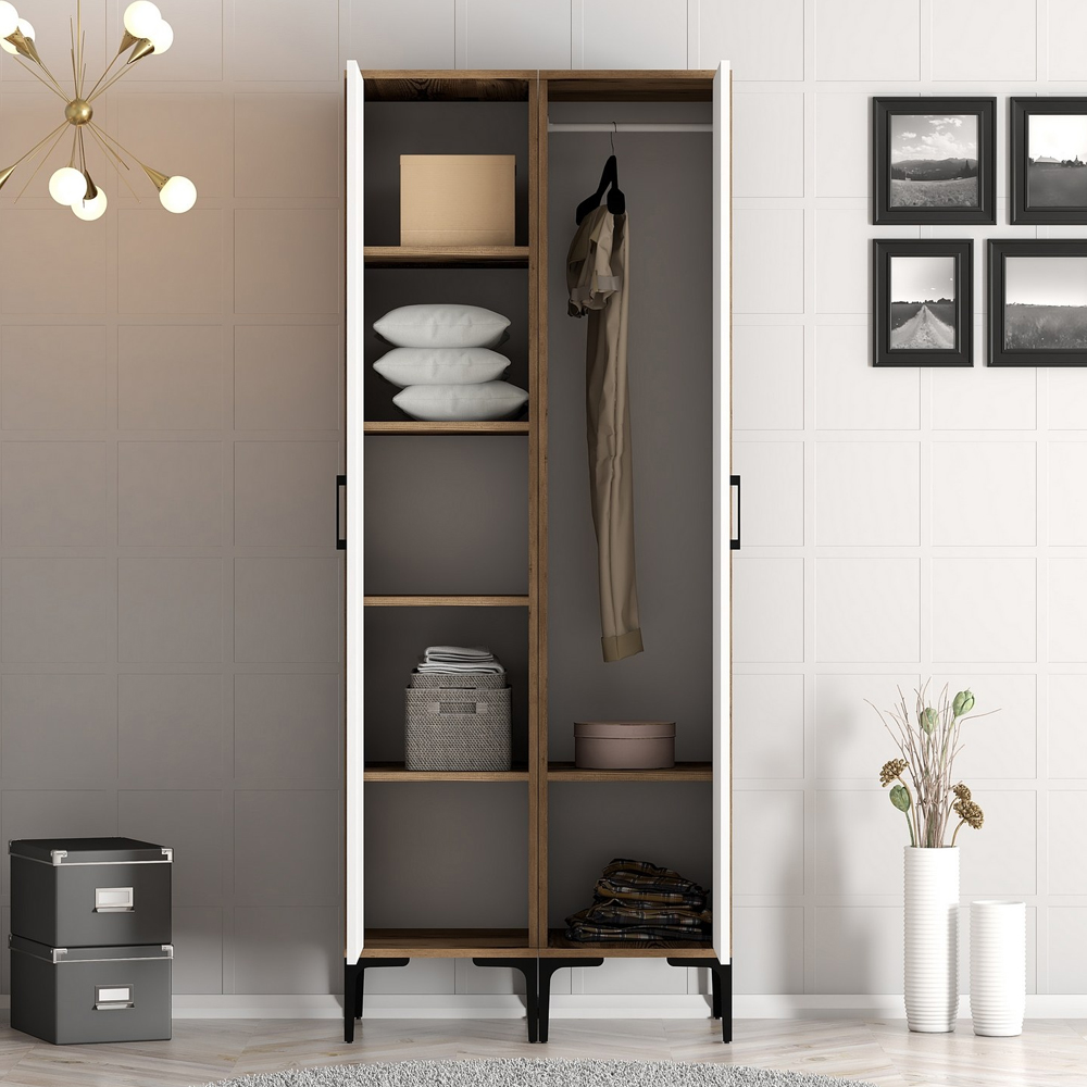 Kumsal Wooden Wardrobe with 1 White Geometric Slatted Door in Walnut