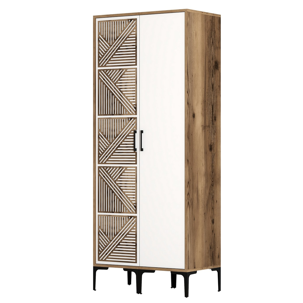 Kumsal Wooden Wardrobe with 1 White Geometric Slatted Door in Walnut