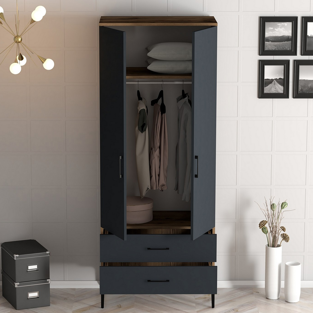 Kumsal Wooden Wardrobe with 2 Anthracite Doors 2 Drawers in Walnut