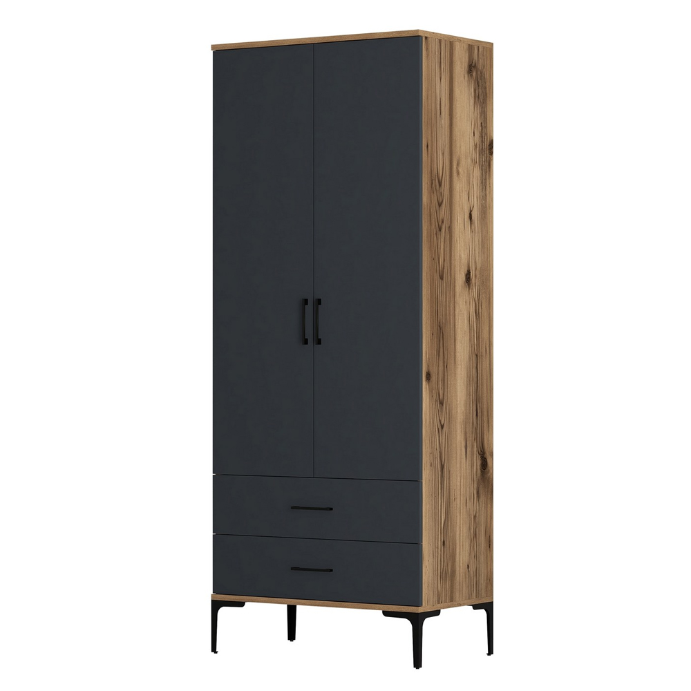 Kumsal Wooden Wardrobe with 2 Anthracite Doors 2 Drawers in Walnut