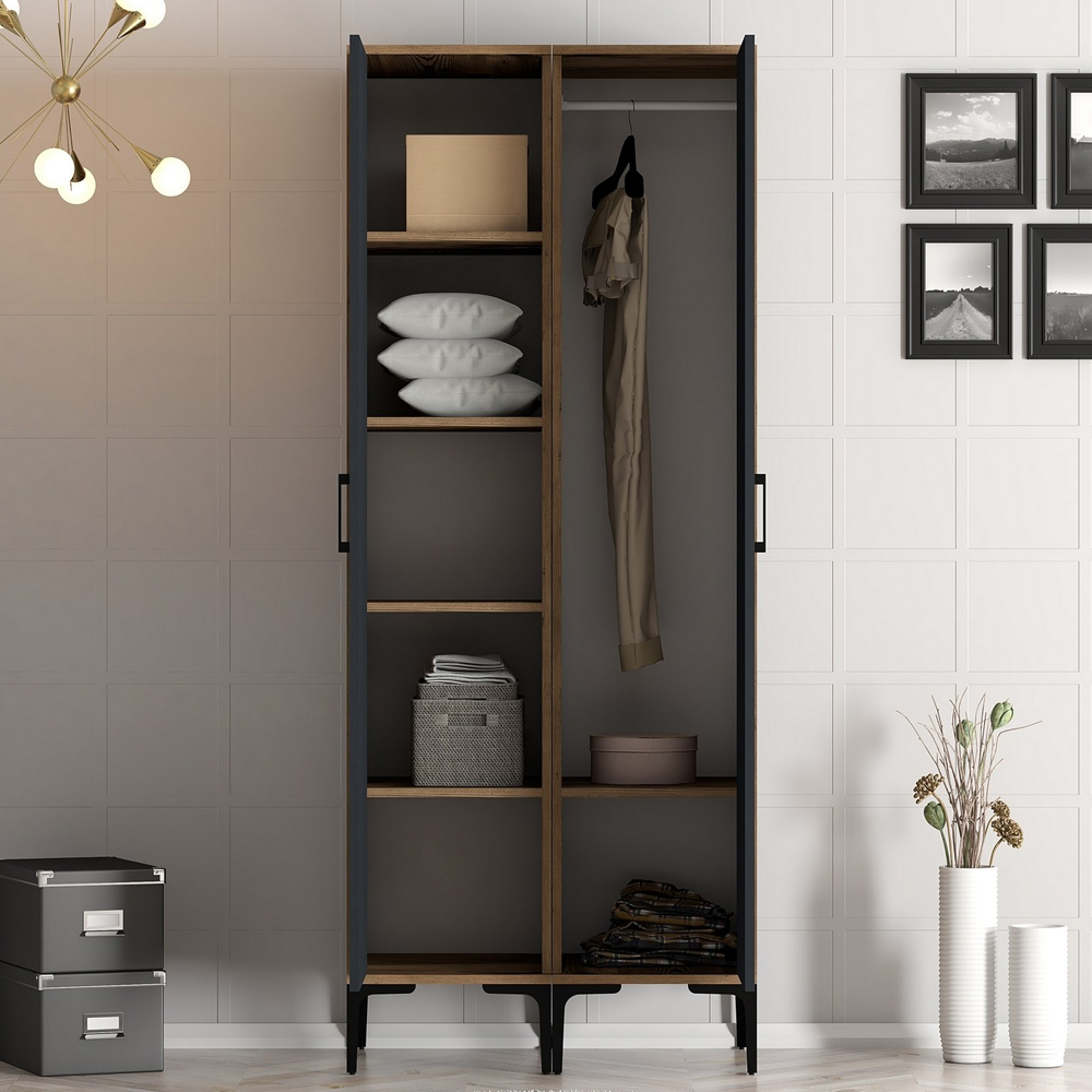 Kumsal Wooden Wardrobe with 2 Anthracite Doors in Walnut