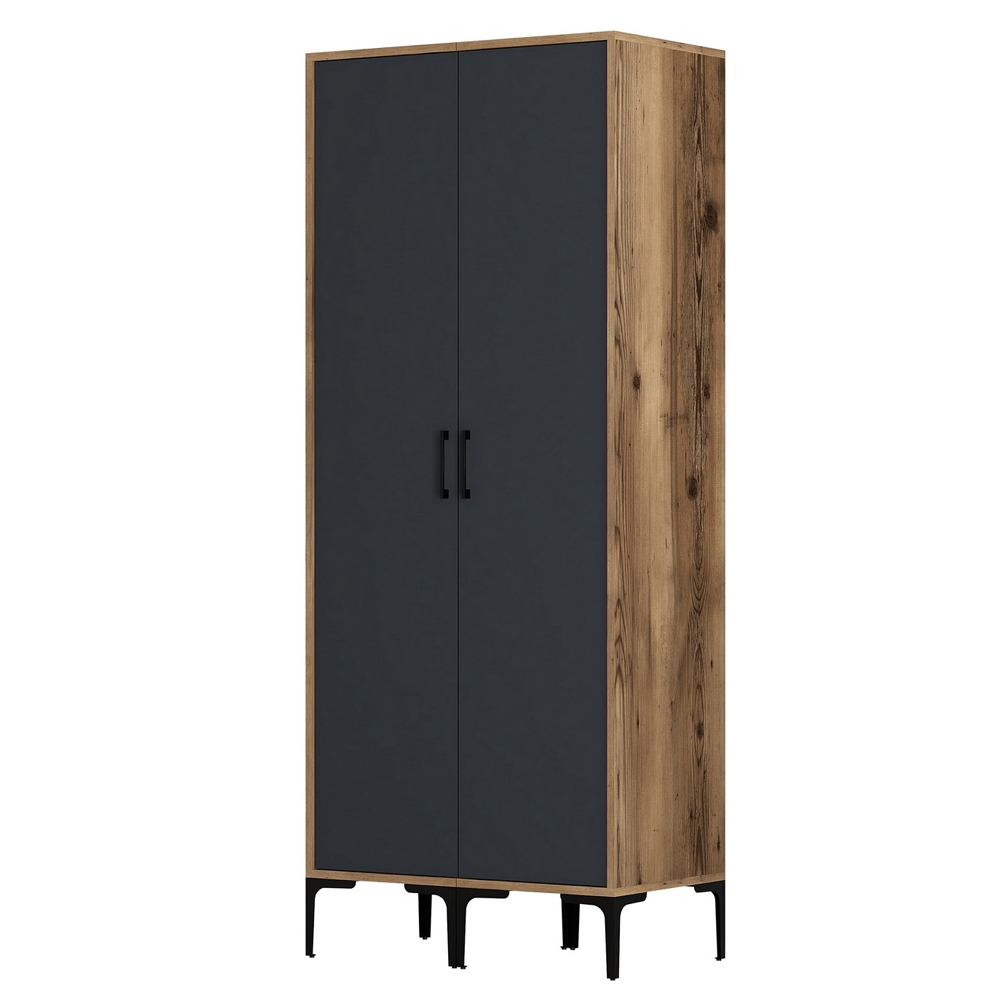 Kumsal Wooden Wardrobe with 2 Anthracite Doors in Walnut