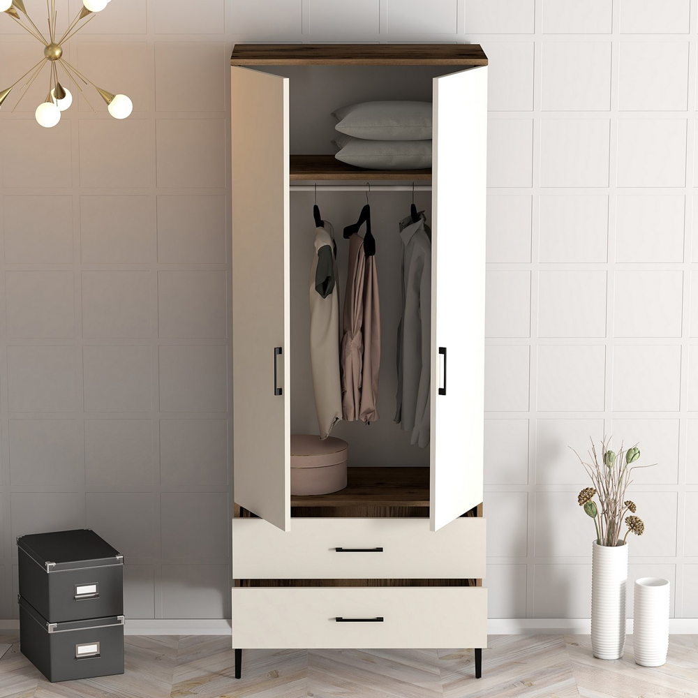 Kumsal Wooden Wardrobe with 2 Cream Doors 2 Drawers in Walnut