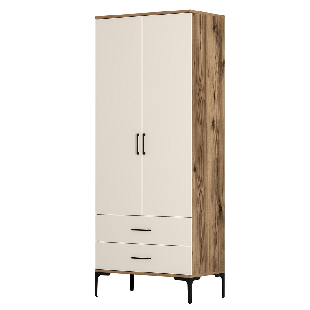 Kumsal Wooden Wardrobe with 2 Cream Doors 2 Drawers in Walnut