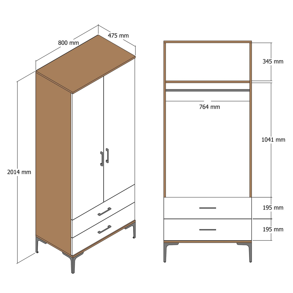 Kumsal Wooden Wardrobe with 2 Cream Doors 2 Drawers in Walnut