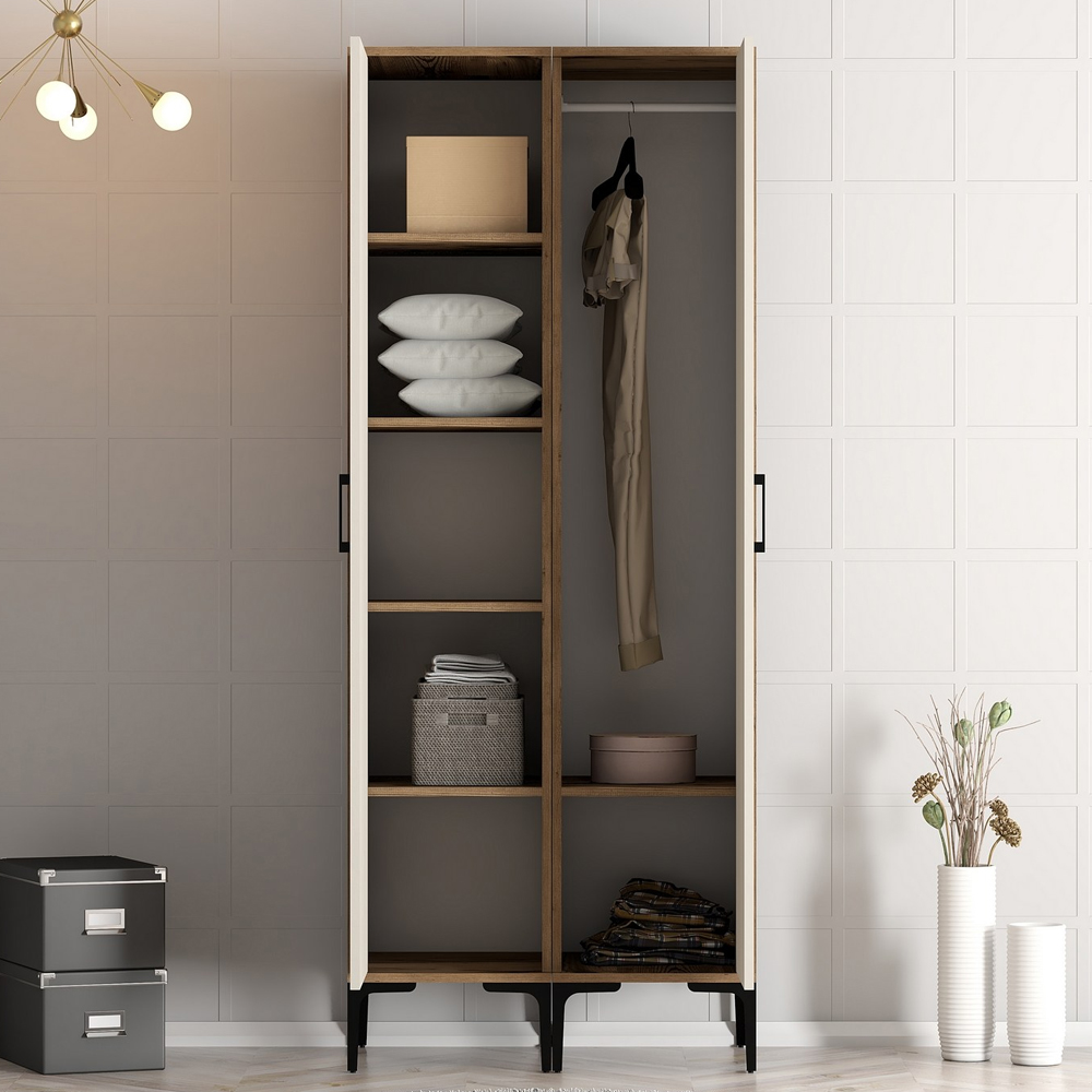 Kumsal Wooden Wardrobe with 2 Cream Doors in Walnut