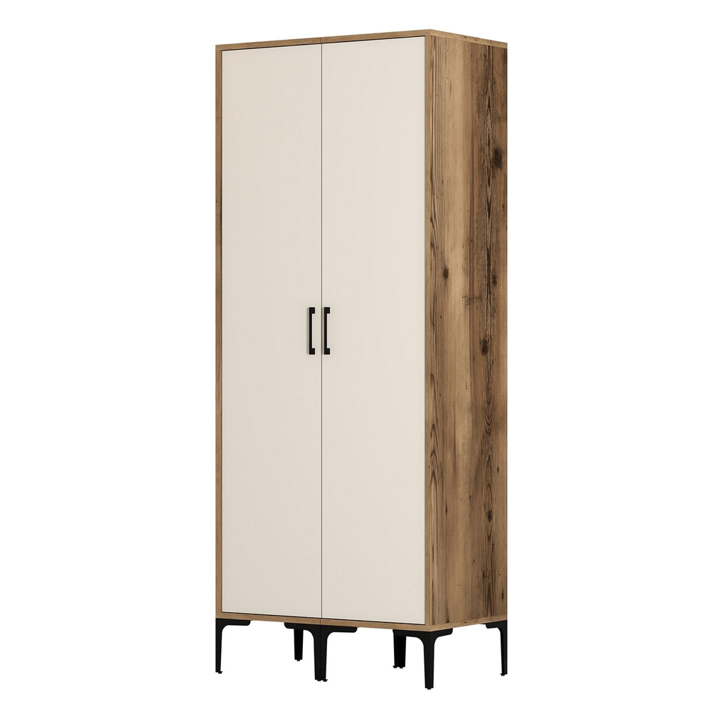 Kumsal Wooden Wardrobe with 2 Cream Doors in Walnut