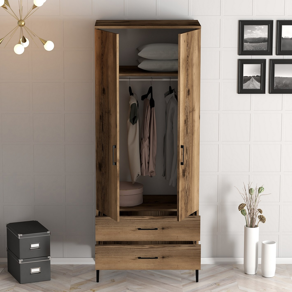 Kumsal Wooden Wardrobe with 2 Doors 2 Drawers in Walnut