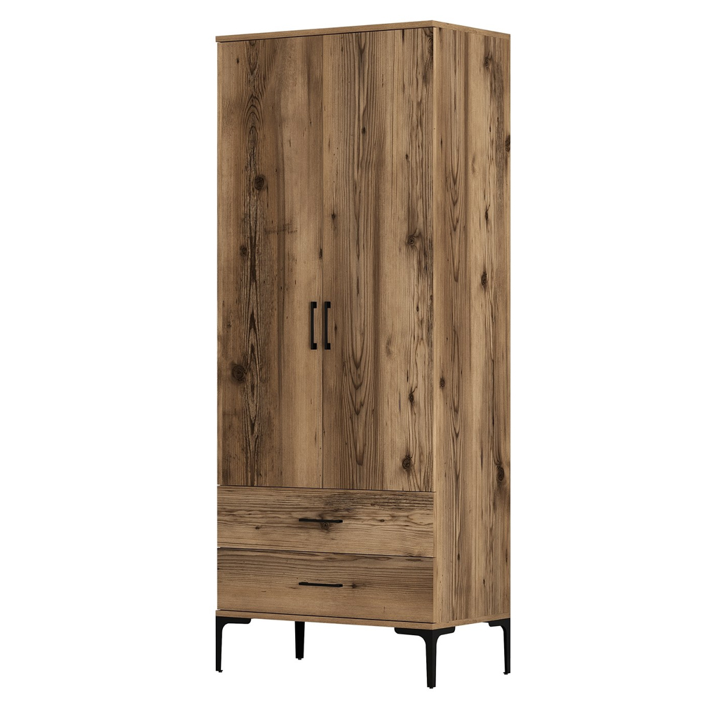 Kumsal Wooden Wardrobe with 2 Doors 2 Drawers in Walnut