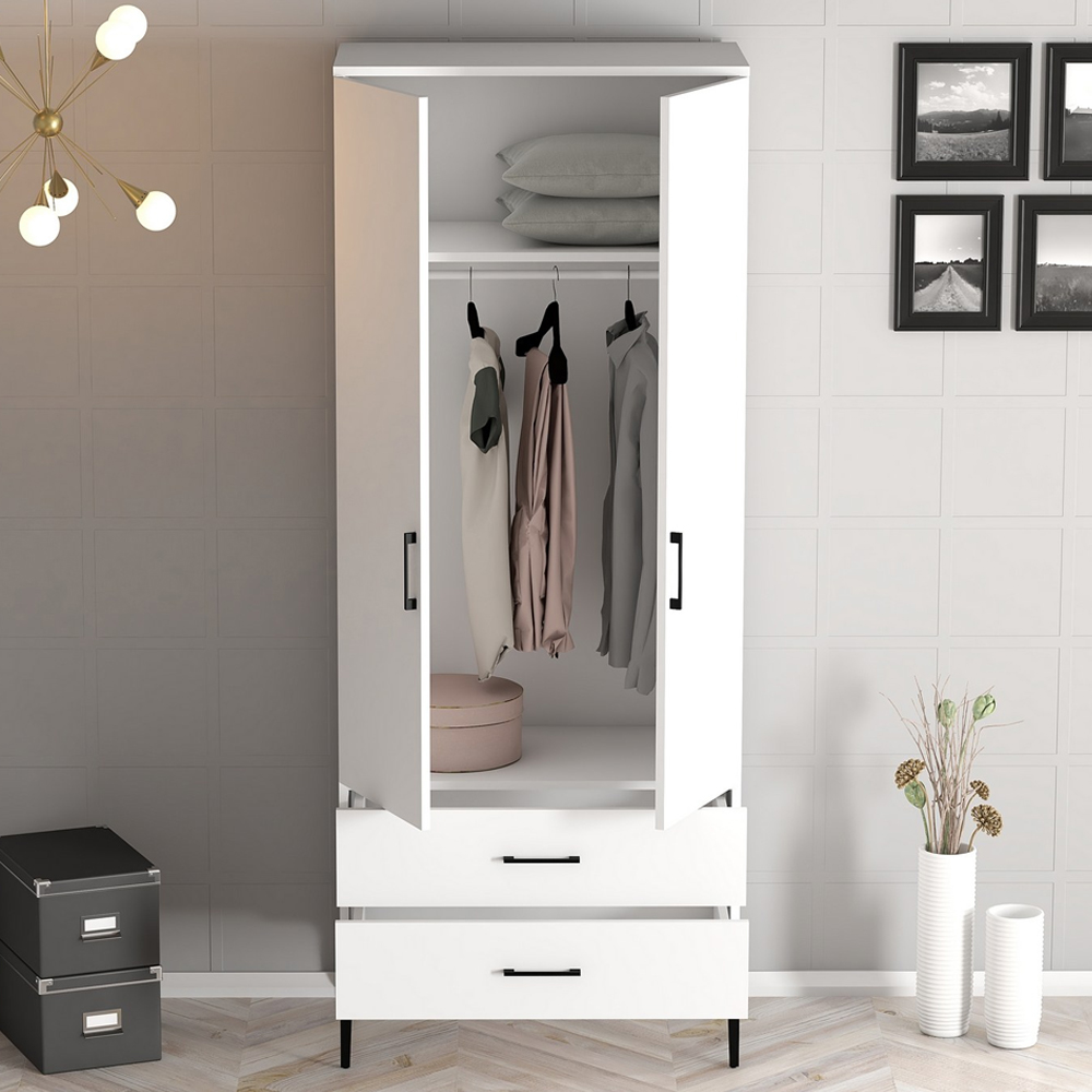 Kumsal Wooden Wardrobe with 2 Doors 2 Drawers in White