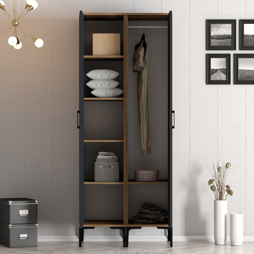Kumsal Wooden Wardrobe with 2 Doors in Walnut and Anthracite