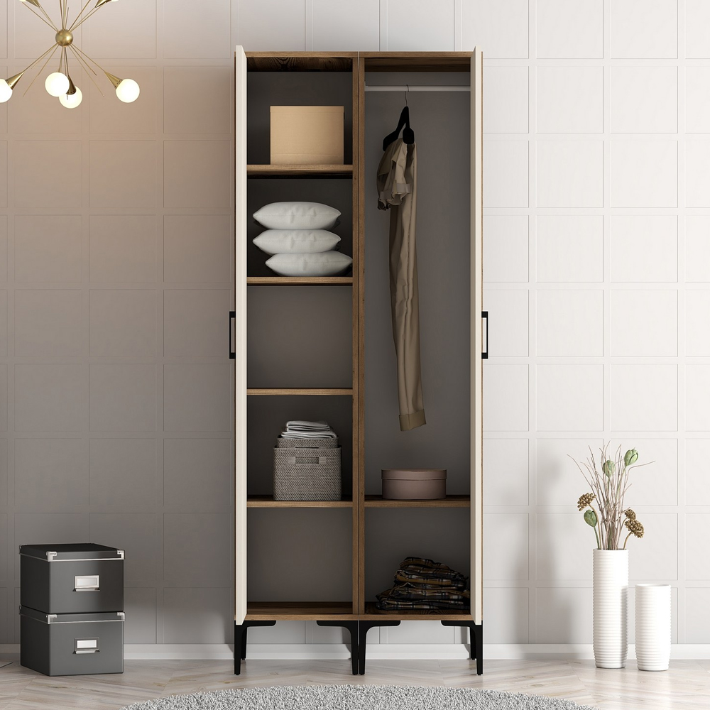 Kumsal Wooden Wardrobe with 2 Doors in Walnut and Cream
