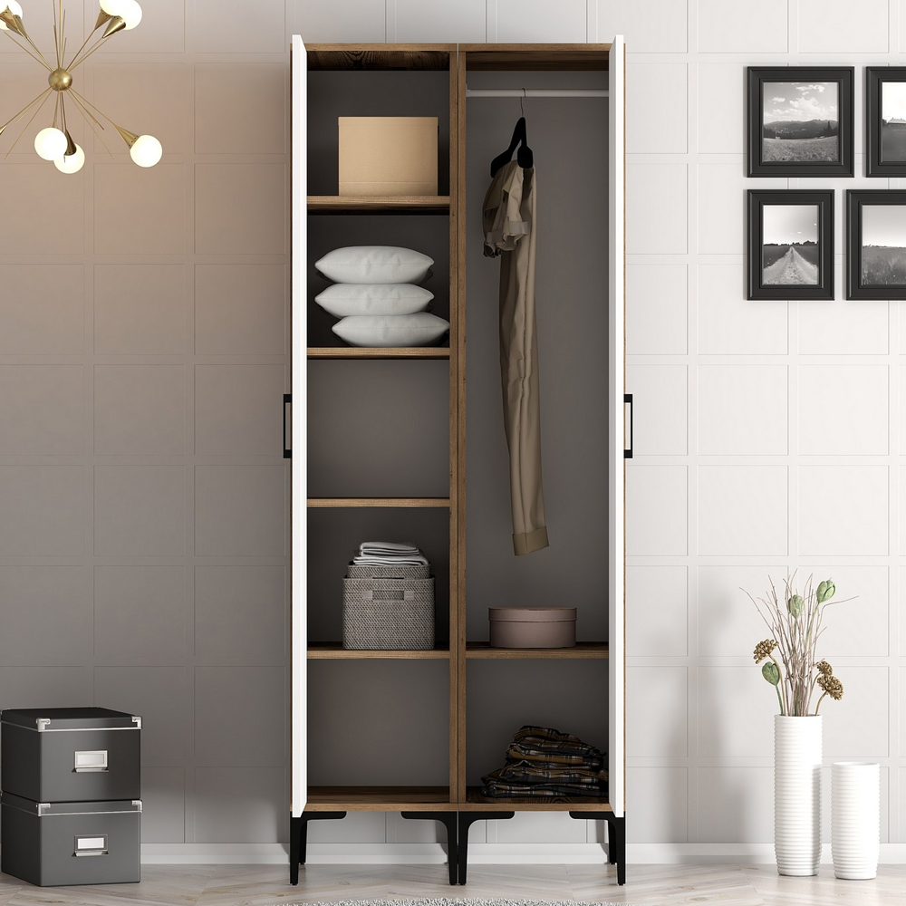 Kumsal Wooden Wardrobe with 2 Doors in White and Walnut