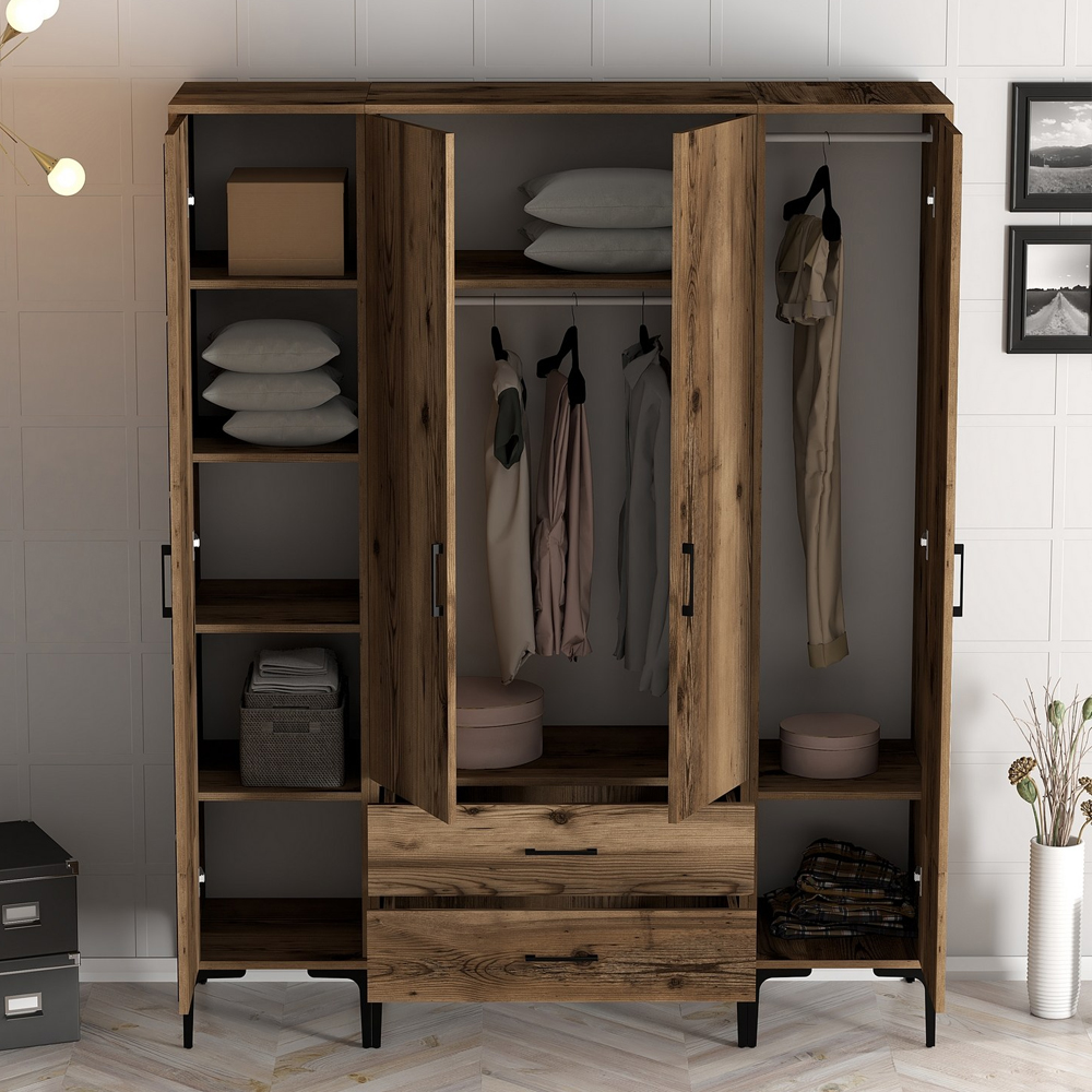 Kumsal Wooden Wardrobe with 2 Geometric Slatted Doors 2 Drawers in Walnut