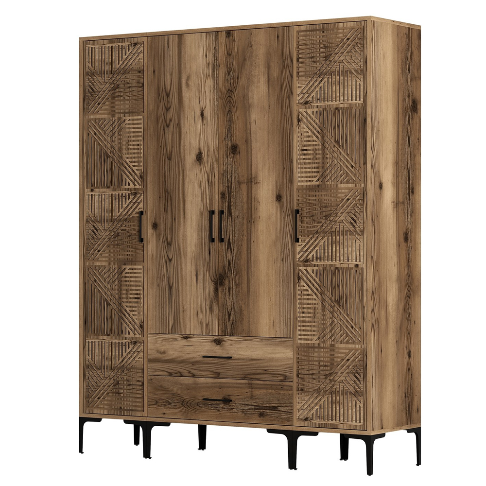 Kumsal Wooden Wardrobe with 2 Geometric Slatted Doors 2 Drawers in Walnut