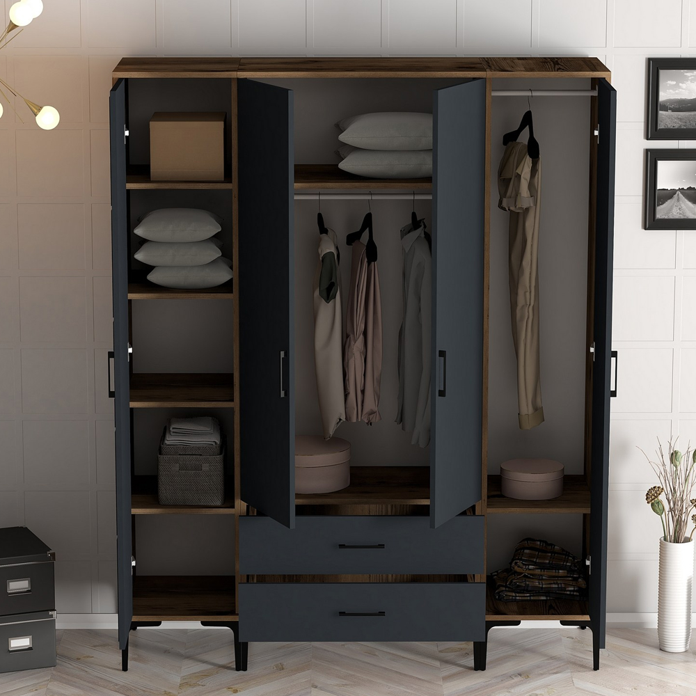 Kumsal Wooden Wardrobe with 2 Geometric Slatted Doors in Walnut and Anthracite
