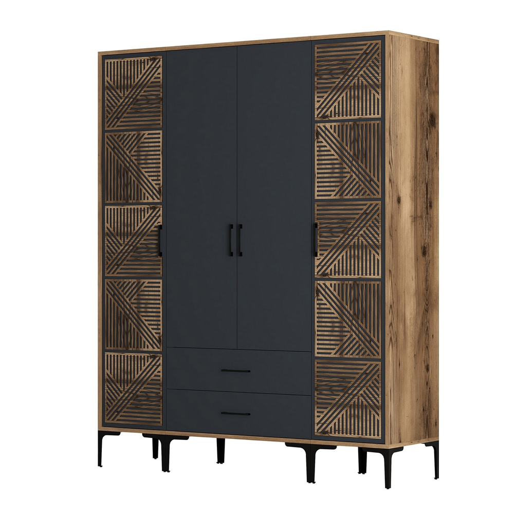 Kumsal Wooden Wardrobe with 2 Geometric Slatted Doors in Walnut and Anthracite