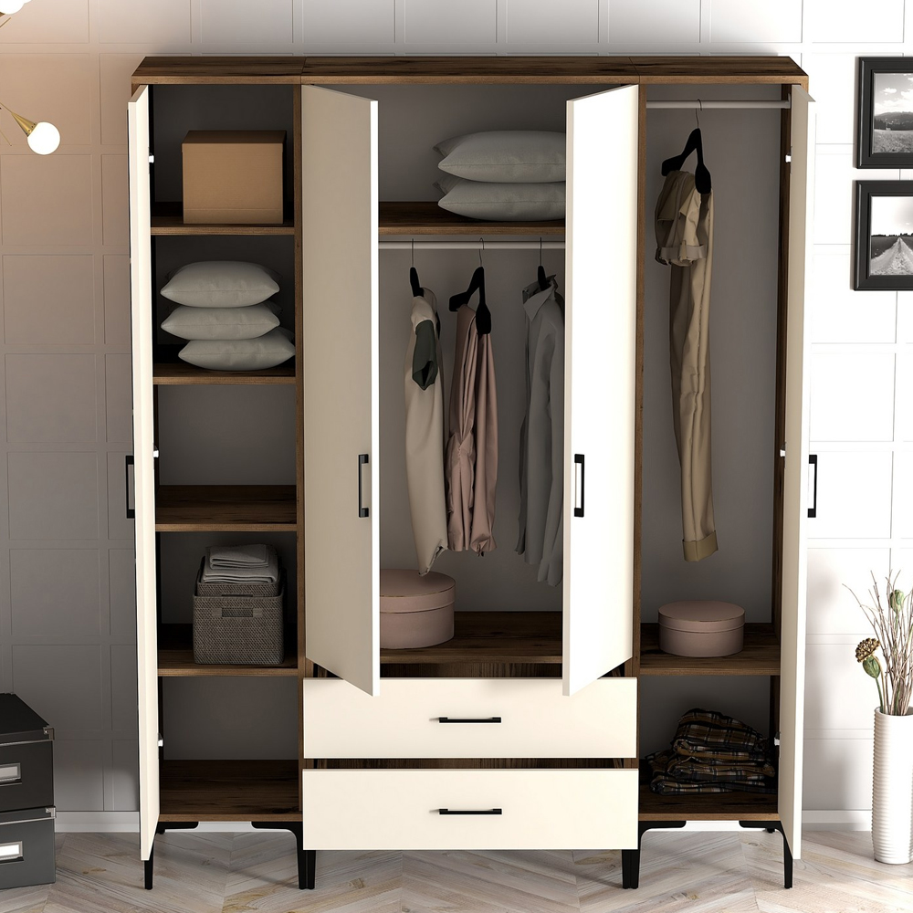 Kumsal Wooden Wardrobe with 2 Geometric Slatted Doors in Walnut and Cream