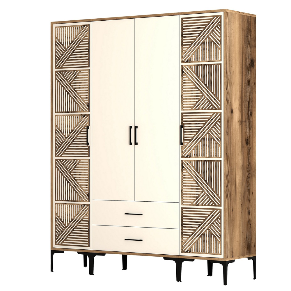 Kumsal Wooden Wardrobe with 2 Geometric Slatted Doors in Walnut and Cream
