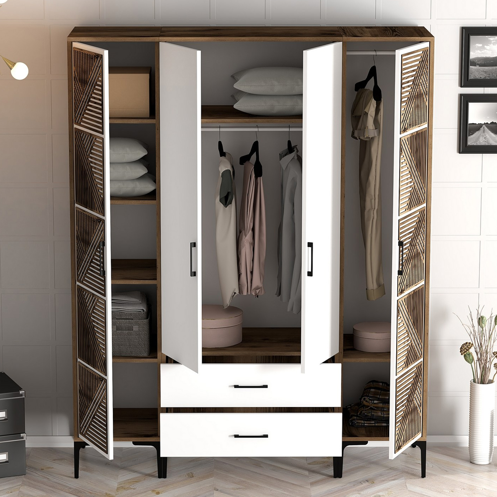 Kumsal Wooden Wardrobe with 2 Geometric Slatted Doors in Walnut and White