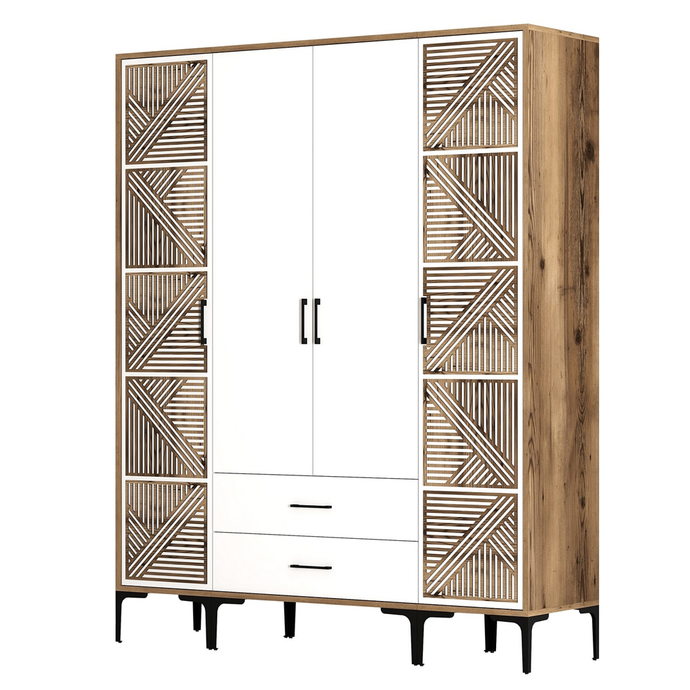 Kumsal Wooden Wardrobe with 2 Geometric Slatted Doors in Walnut and White