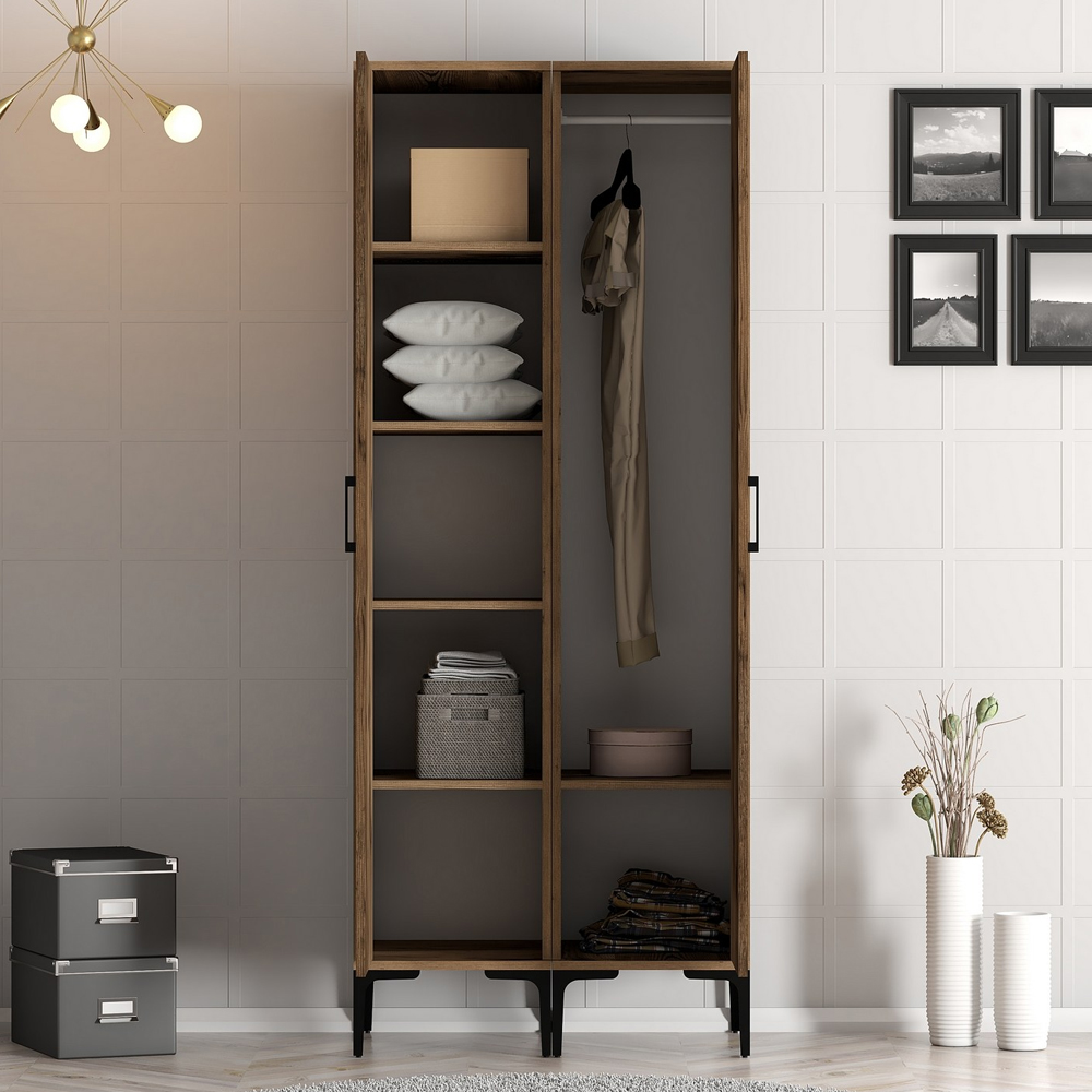 Kumsal Wooden Wardrobe with 2 Geometric Slatted Doors in Walnut