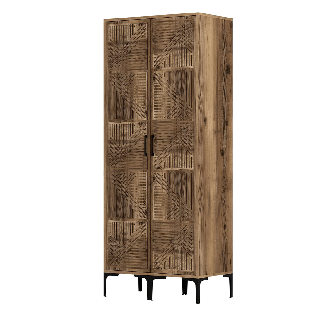 Kumsal Wooden Wardrobe with 2 Geometric Slatted Doors in Walnut