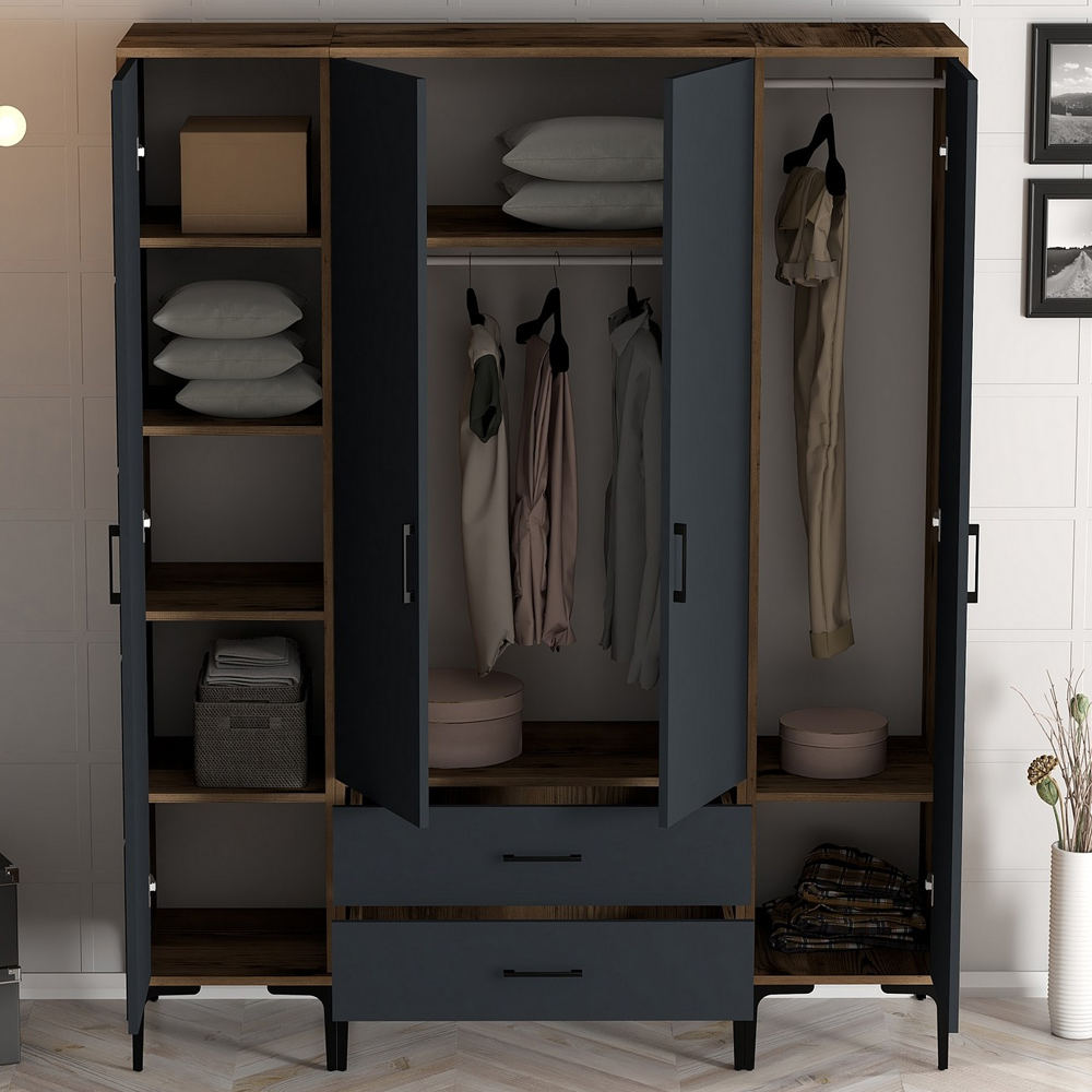 Kumsal Wooden Wardrobe with 2 Mirror Doors 2 Drawers in Anthracite and Walnut