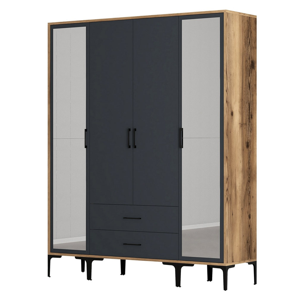 Kumsal Wooden Wardrobe with 2 Mirror Doors 2 Drawers in Anthracite and Walnut