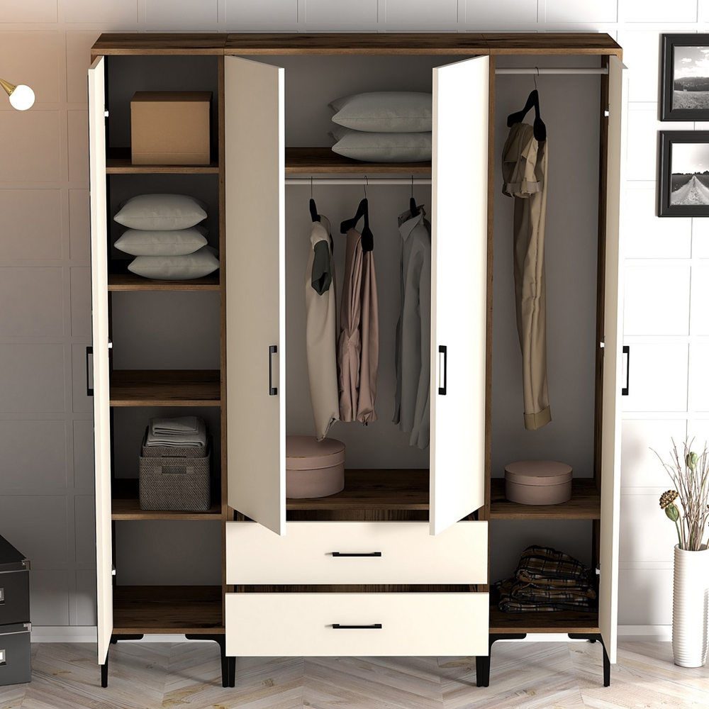 Kumsal Wooden Wardrobe with 2 Mirror Doors 2 Drawers in Cream and Walnut