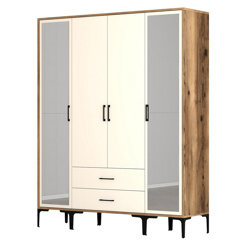 Kumsal Wooden Wardrobe with 2 Mirror Doors 2 Drawers in Cream and Walnut