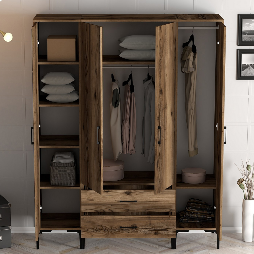 Kumsal Wooden Wardrobe with 2 Mirror Doors 2 Drawers in Walnut