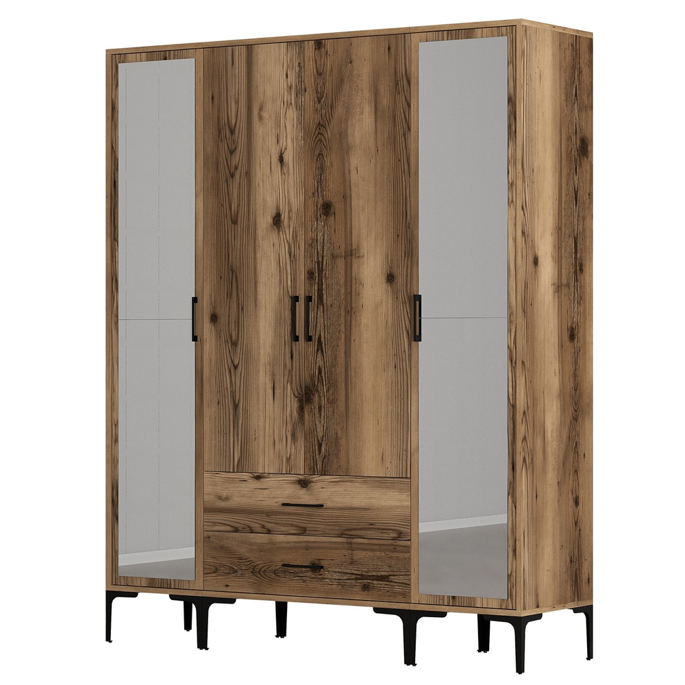 Kumsal Wooden Wardrobe with 2 Mirror Doors 2 Drawers in Walnut