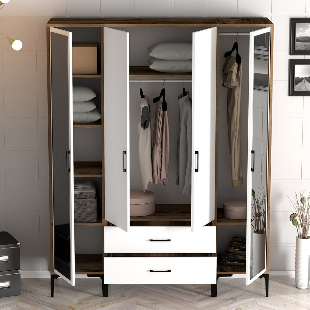 Kumsal Wooden Wardrobe with 2 Mirror Doors 2 Drawers in White and Walnut