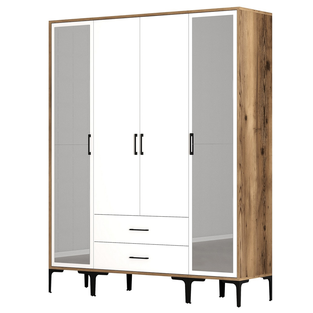 Kumsal Wooden Wardrobe with 2 Mirror Doors 2 Drawers in White and Walnut