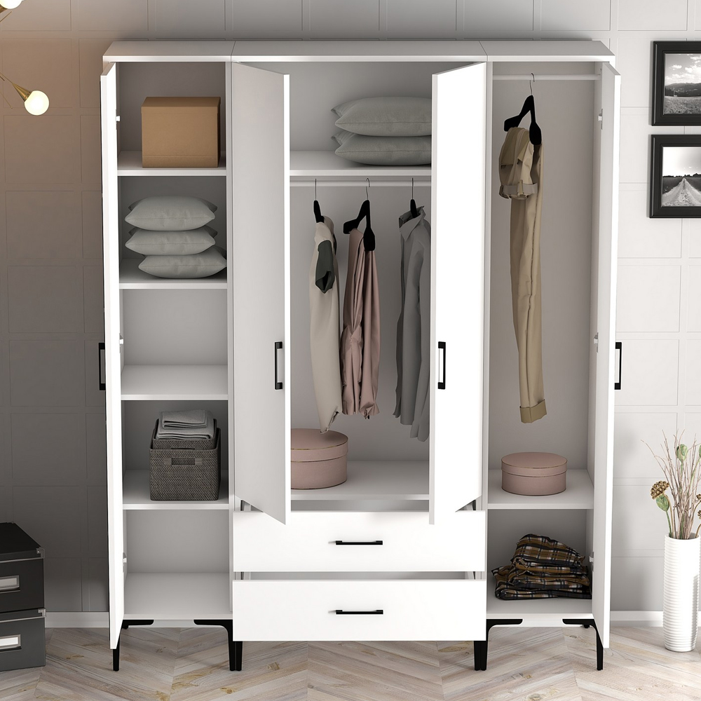 Kumsal Wooden Wardrobe with 2 Mirror Doors 2 Drawers in White