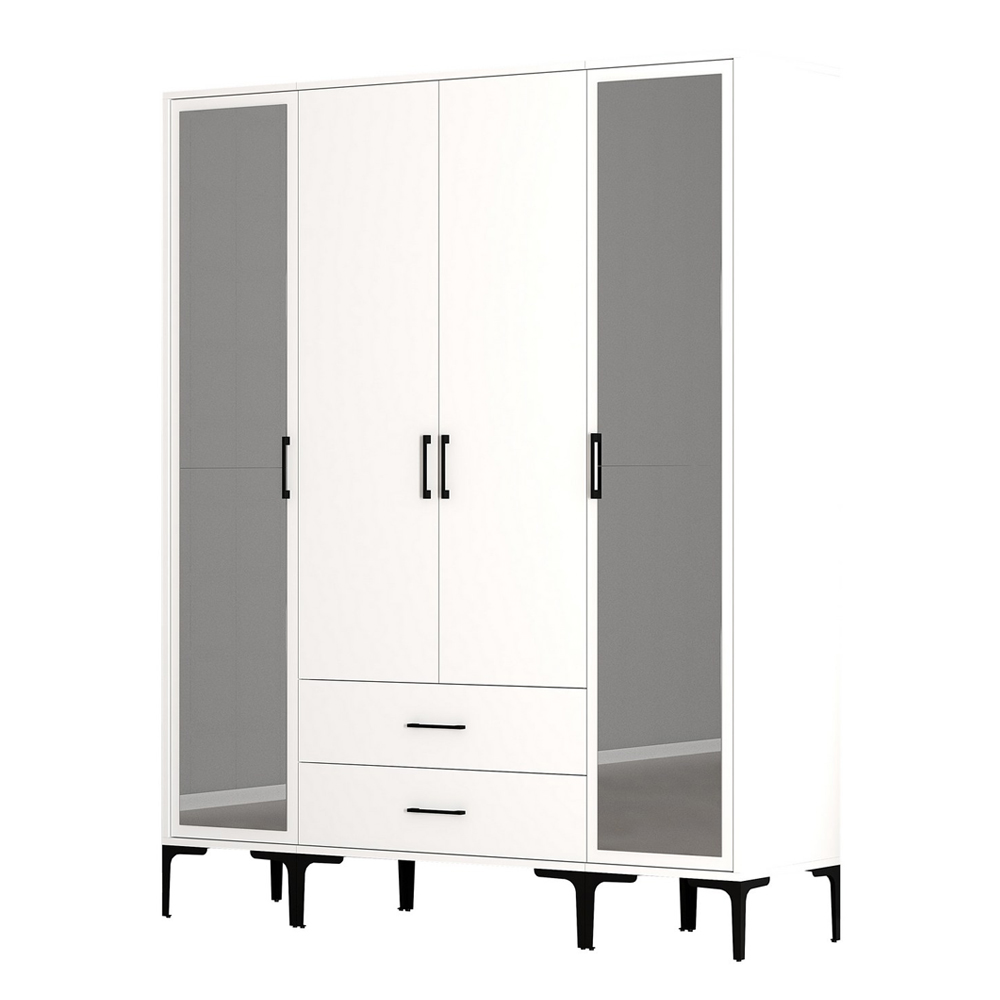 Kumsal Wooden Wardrobe with 2 Mirror Doors 2 Drawers in White