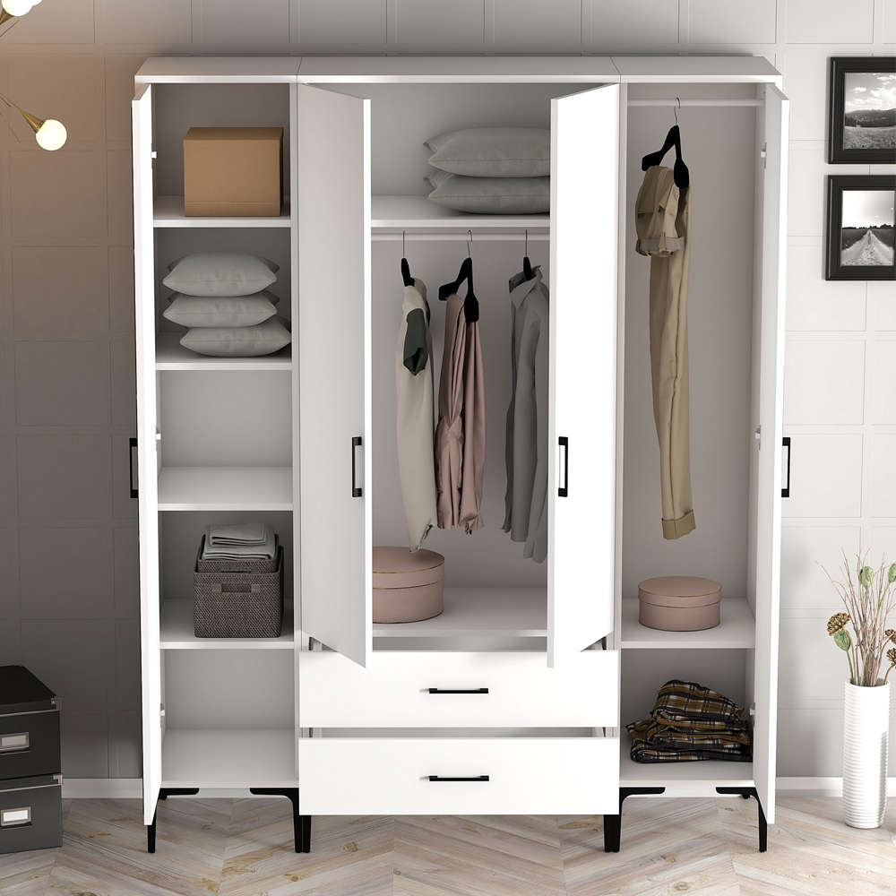 Kumsal Wooden Wardrobe with 2 Walnut Geometric Slatted Doors in White